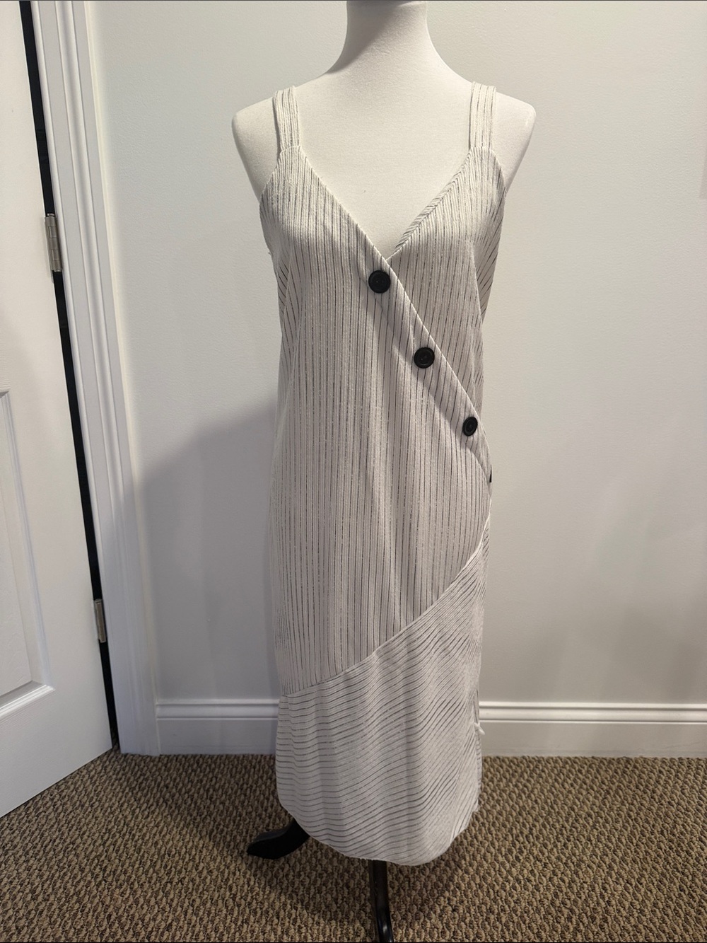 Zara Cream Striped Wrap-Style Midi Dress with Button Detail